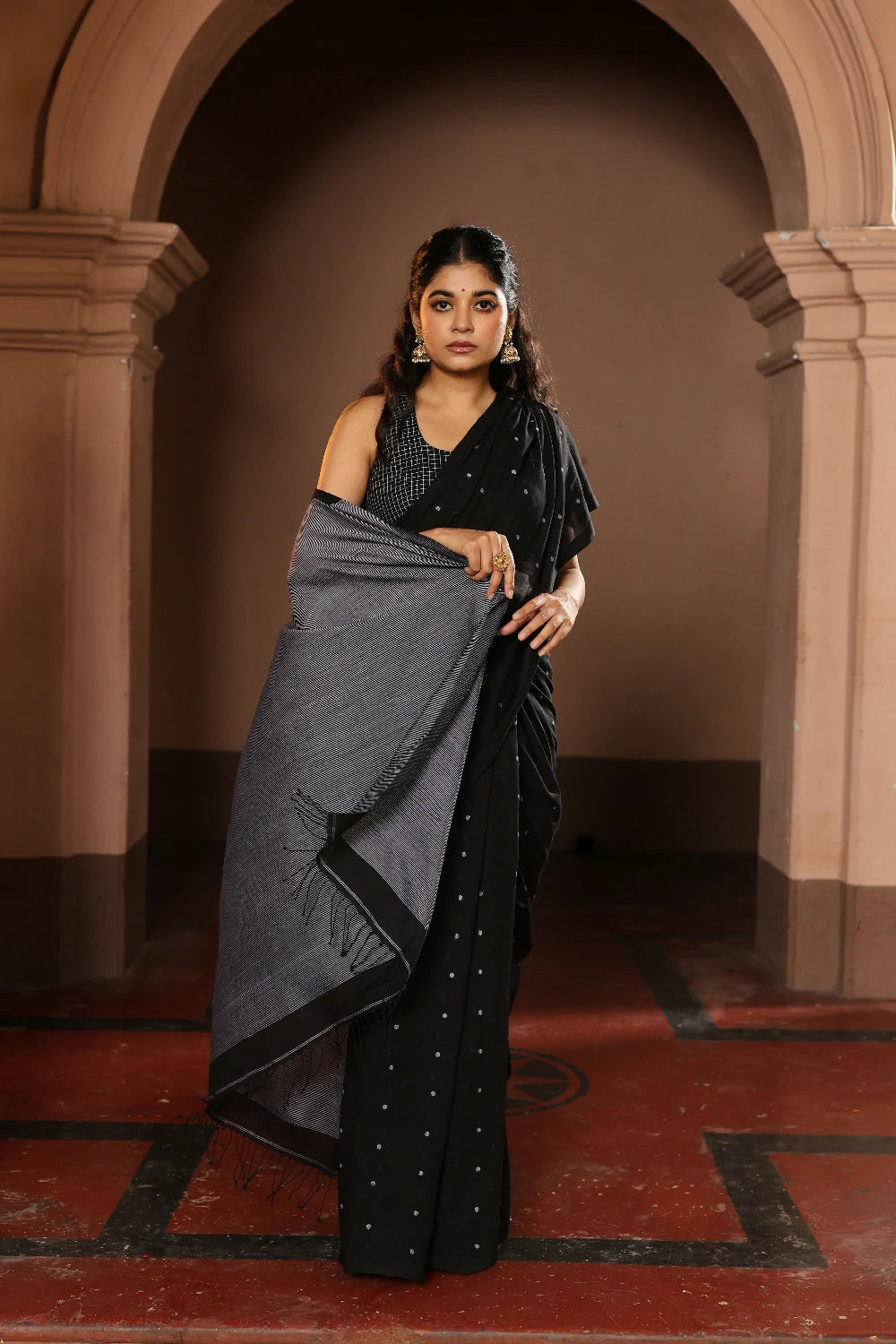 Handloom Black Polka Pure Cotton Jamdani Saree