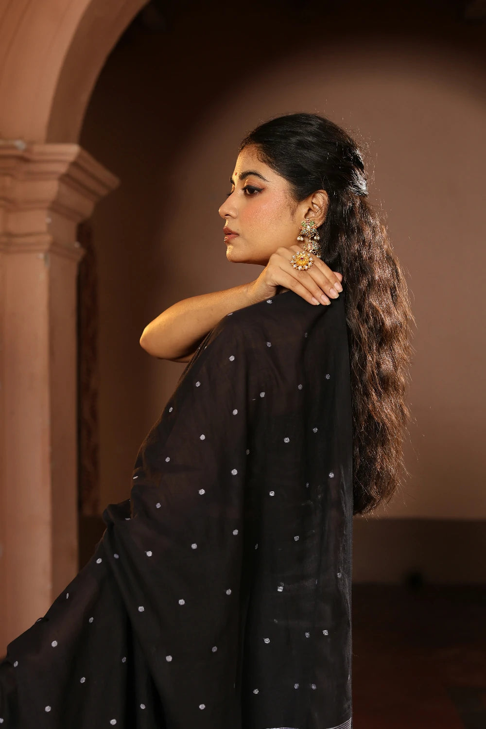 Handloom Black Polka Pure Cotton Jamdani Saree