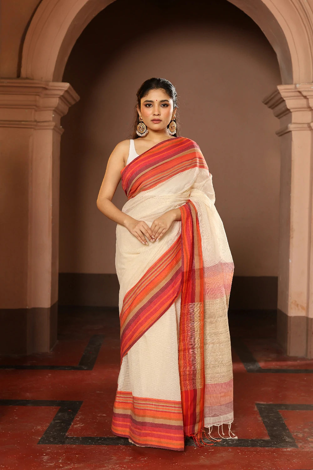 Handloom Off White Pure Cotton Saree wth Multi Colour Stripes