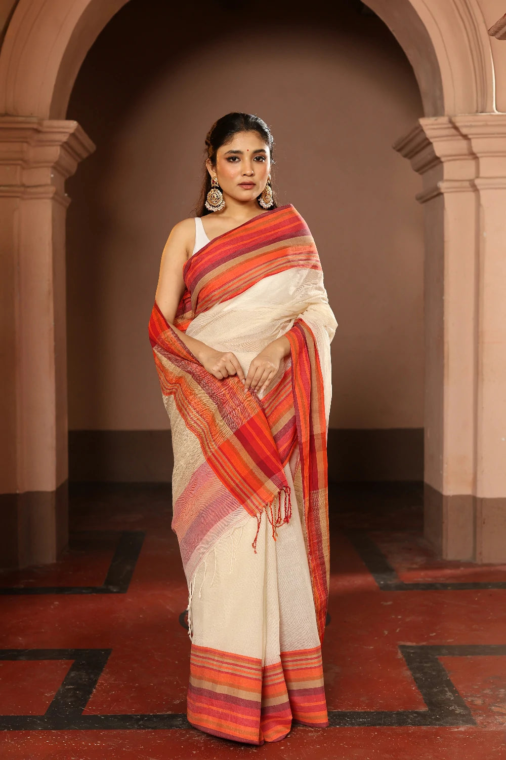 Handloom Off White Pure Cotton Saree wth Multi Colour Stripes