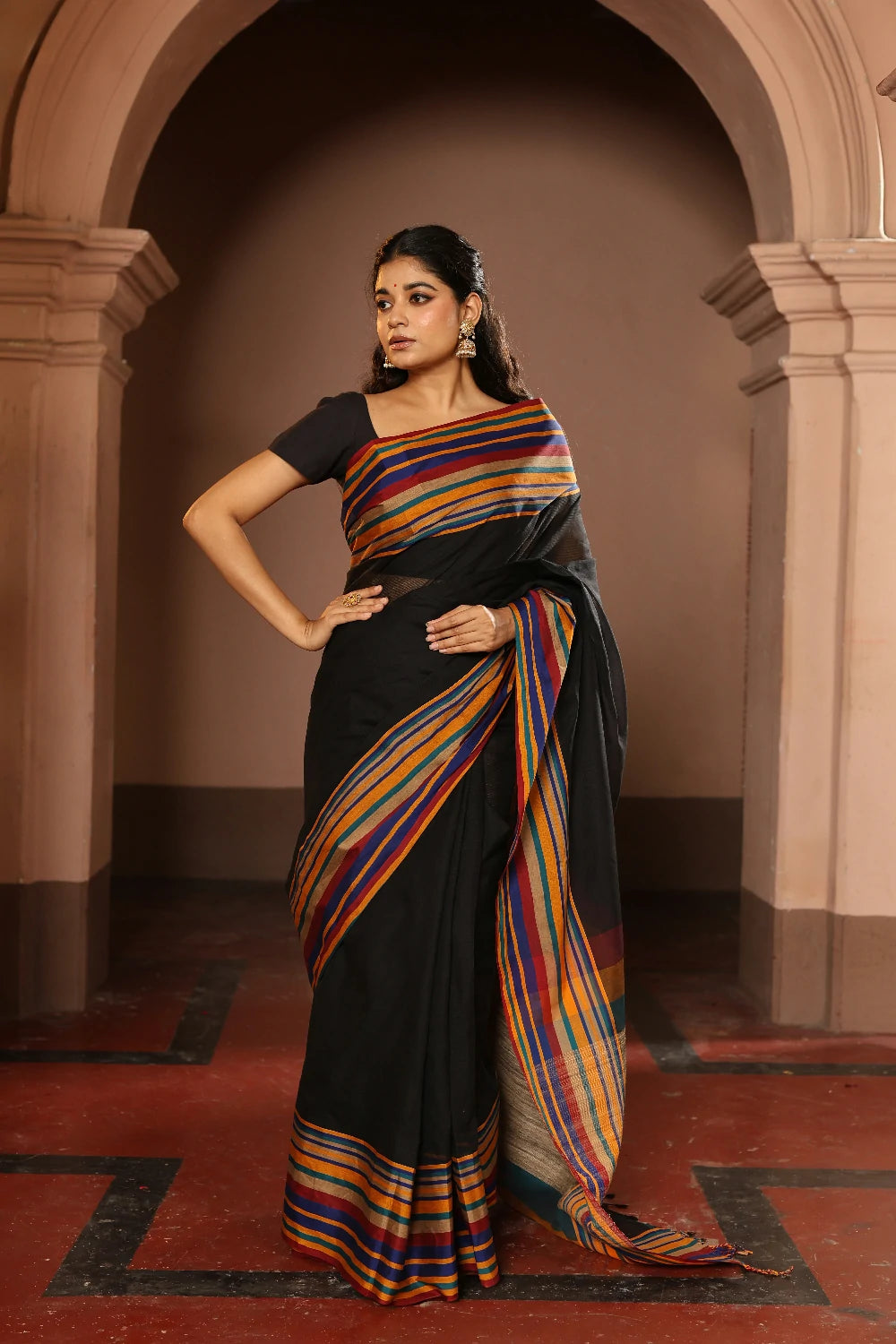 Handloom Black White Pure Cotton Saree wth Multi Colour Stripes