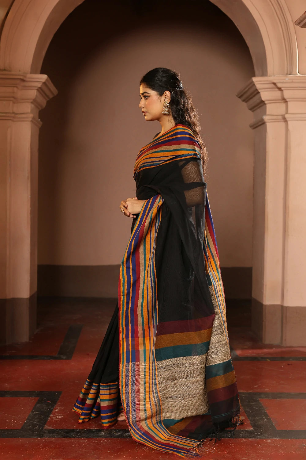 Handloom Black White Pure Cotton Saree wth Multi Colour Stripes