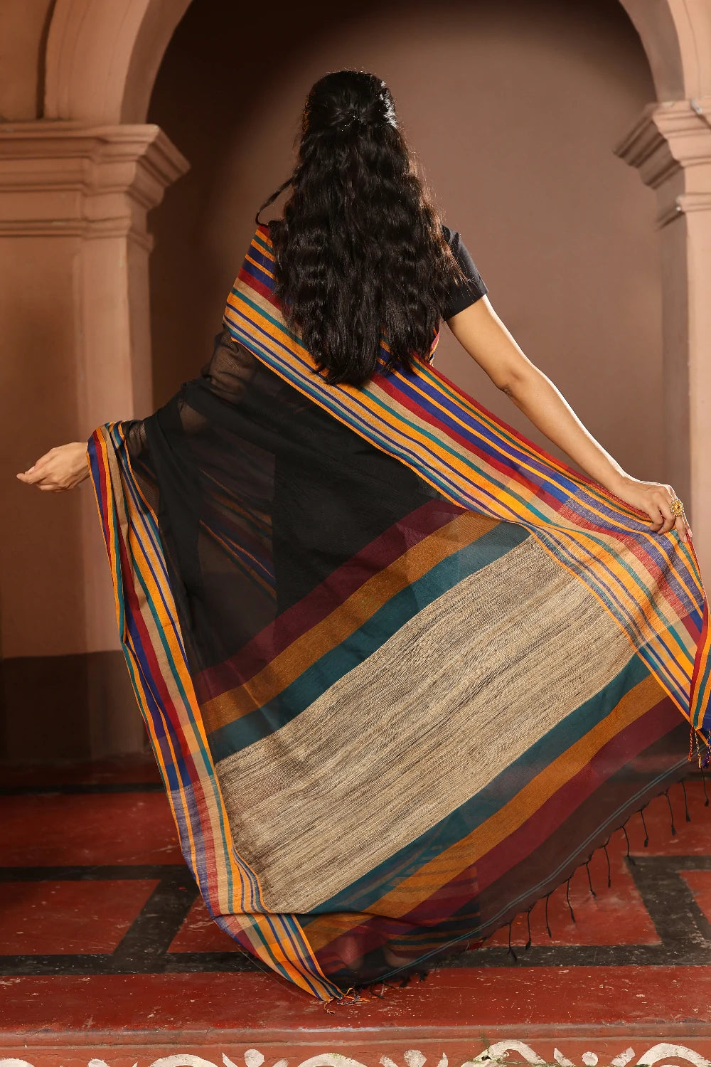 Handloom Black White Pure Cotton Saree wth Multi Colour Stripes