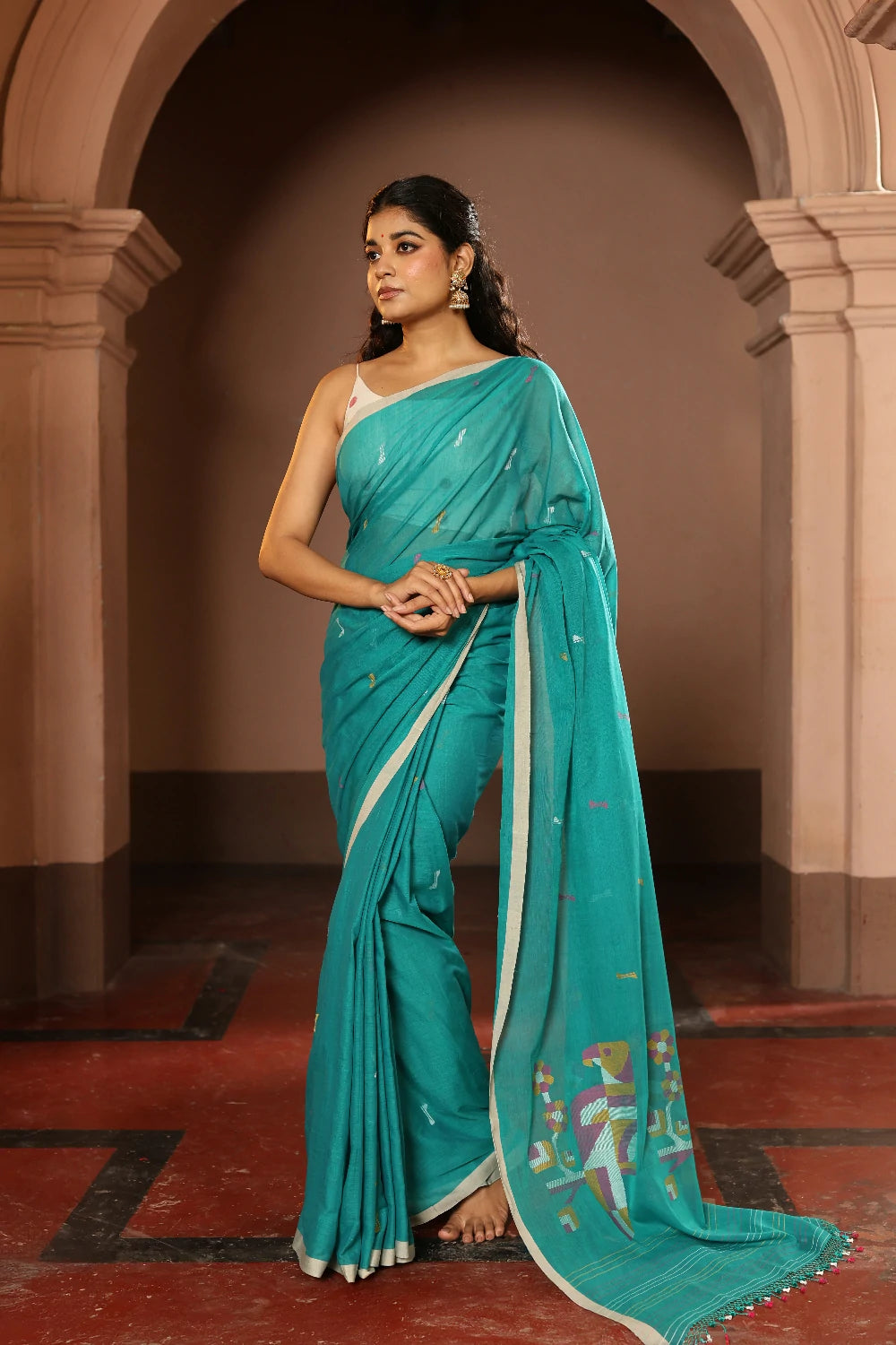 Handloom Deep Aqua Blue Pure Cotton Contemporary Jamdani Saree