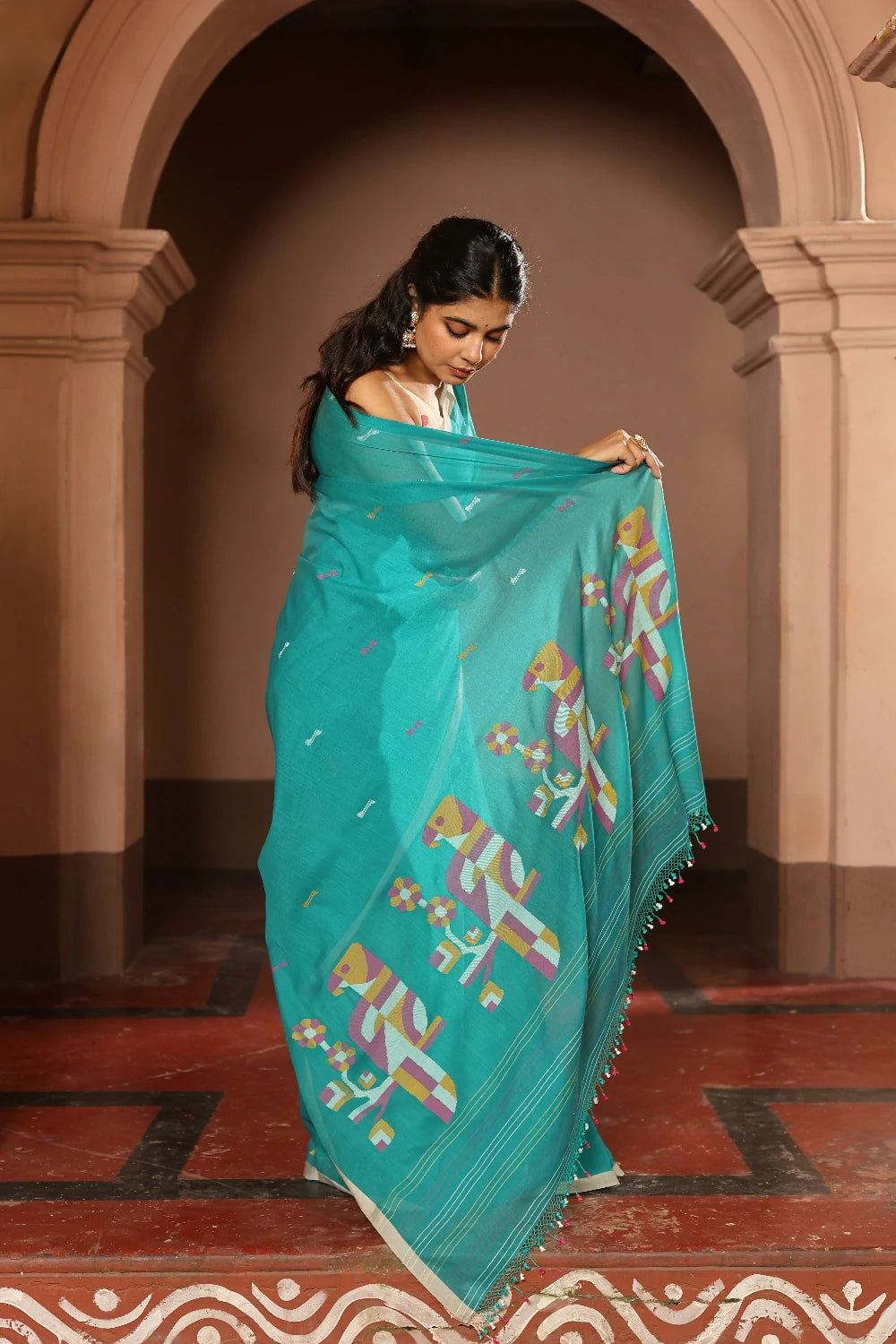 Handloom Deep Aqua Blue Pure Cotton Contemporary Jamdani Saree