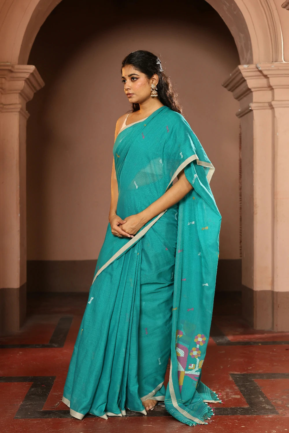 Handloom Deep Aqua Blue Pure Cotton Contemporary Jamdani Saree