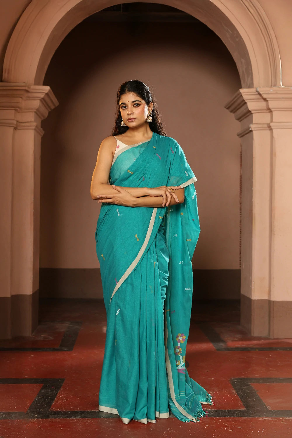 Handloom Deep Aqua Blue Pure Cotton Contemporary Jamdani Saree