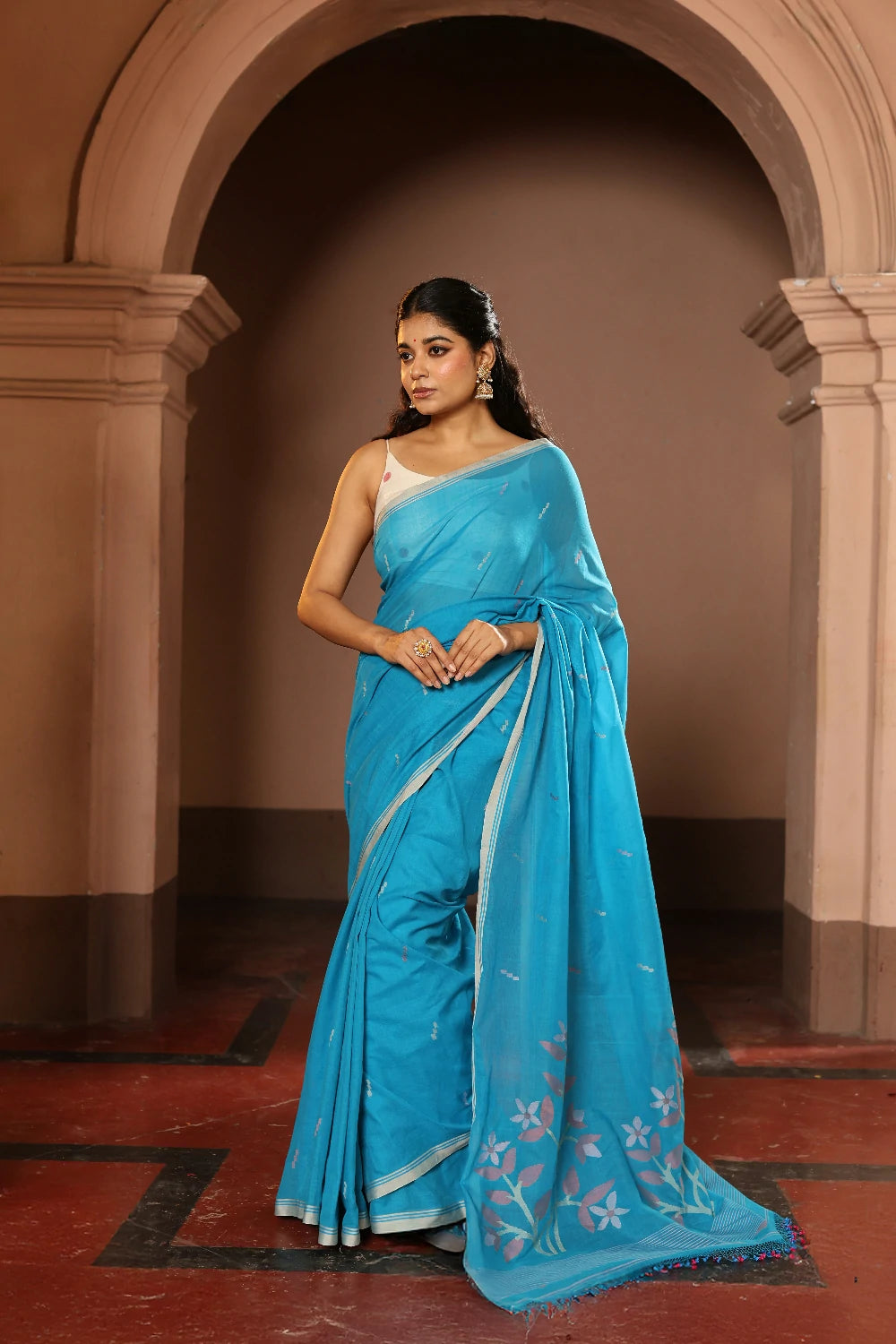 Handloom Firozi Pure Cotton Contemporary Jamdani Saree