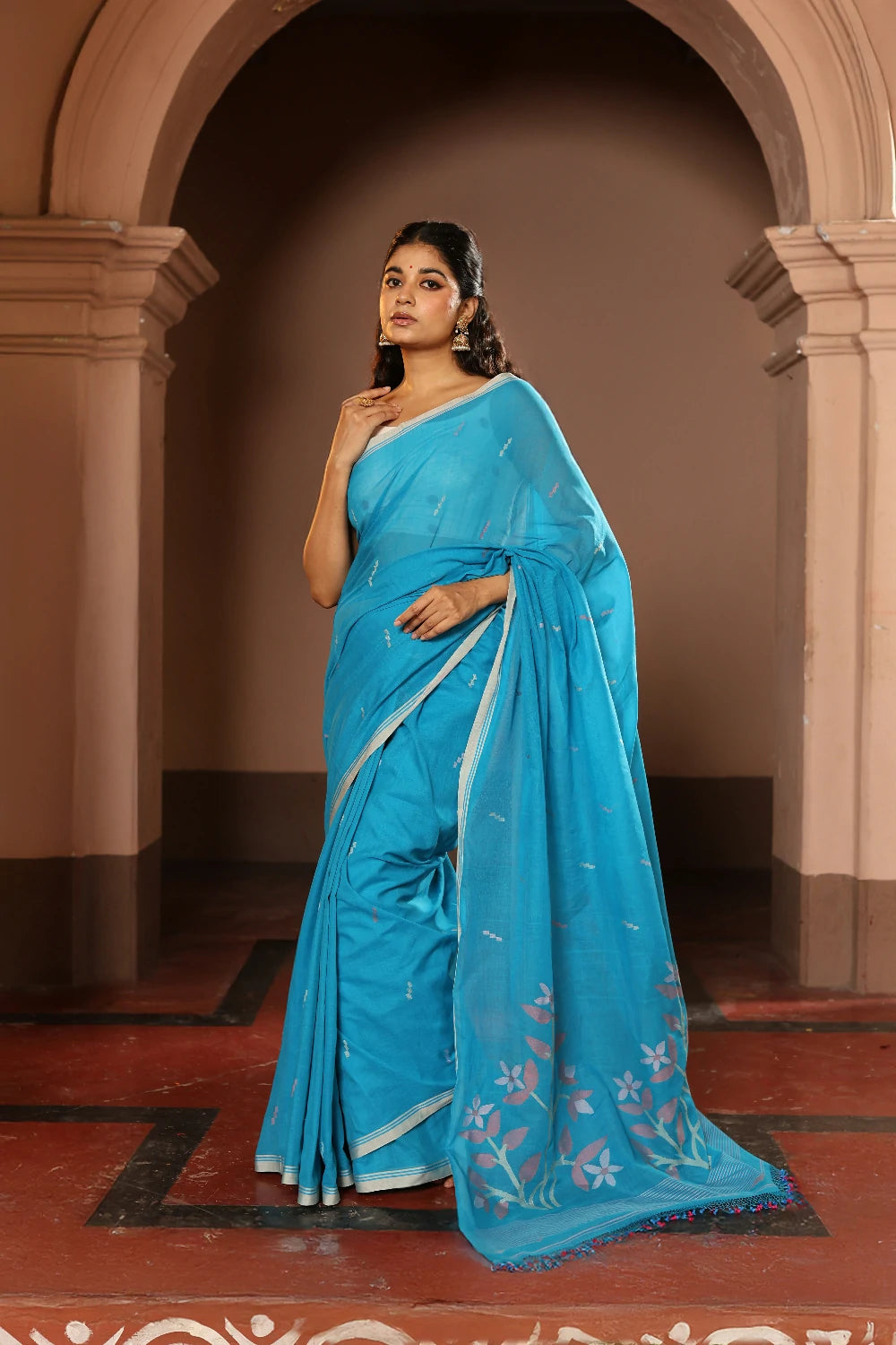 Handloom Firozi Pure Cotton Contemporary Jamdani Saree