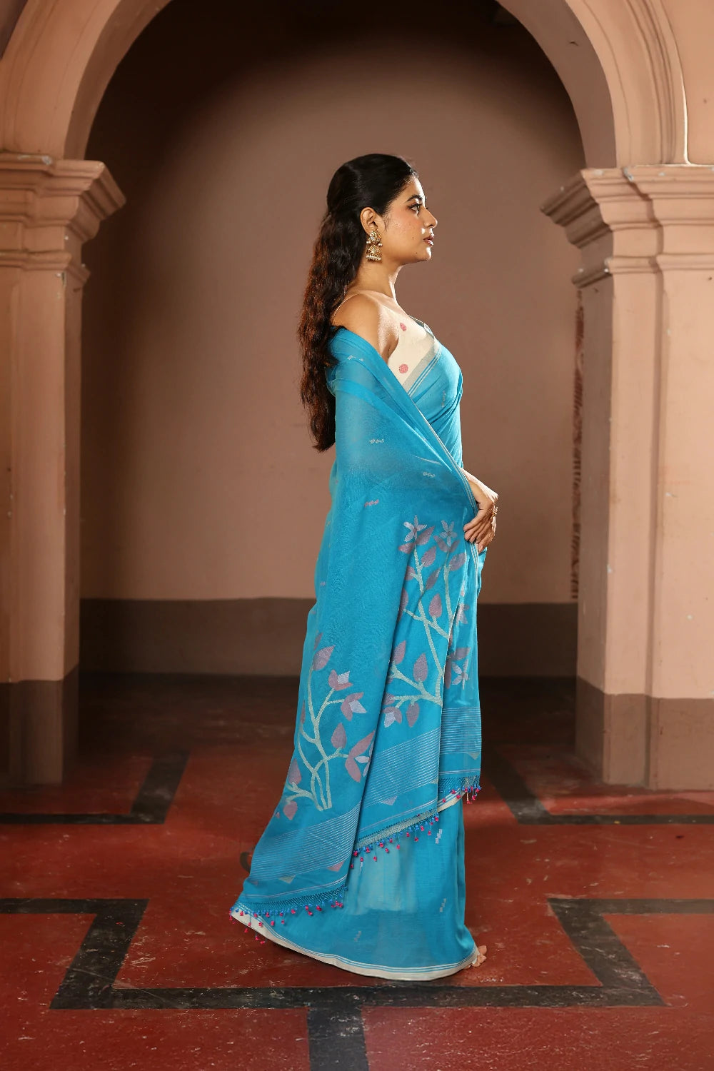 Handloom Firozi Pure Cotton Contemporary Jamdani Saree