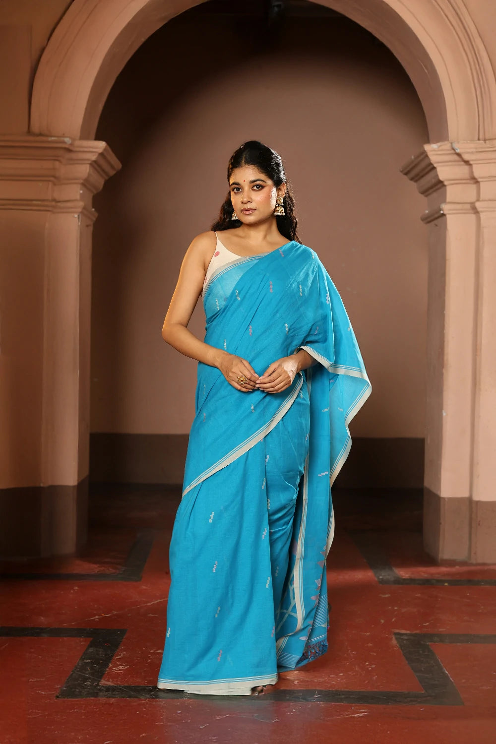 Handloom Firozi Pure Cotton Contemporary Jamdani Saree