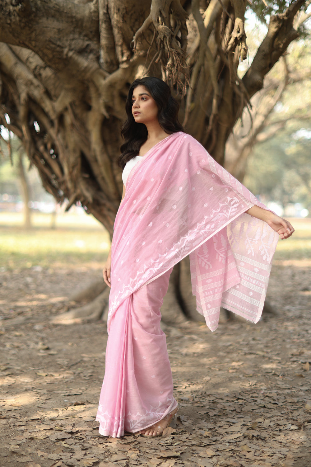 Handloom Baby Pink Pure Cotton Jamdani Saree with White Woven Border