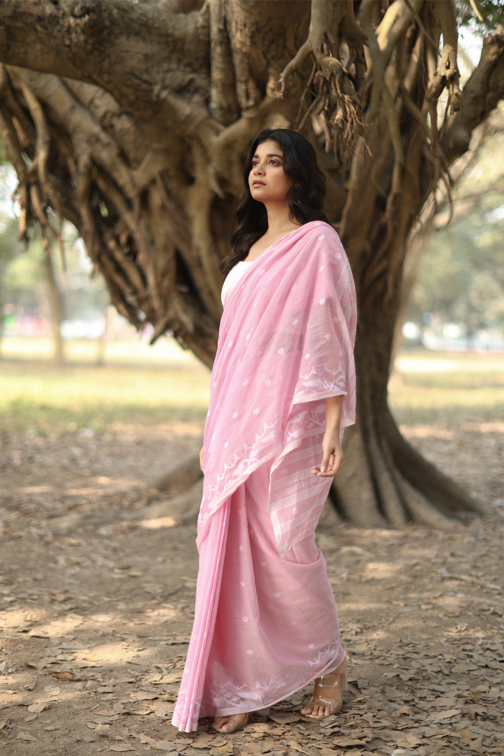 Handloom Baby Pink Pure Cotton Jamdani Saree with White Woven Border