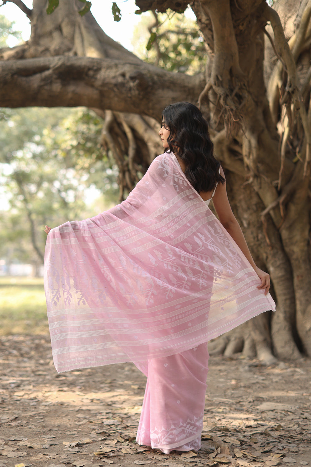 Handloom Baby Pink Pure Cotton Jamdani Saree with White Woven Border