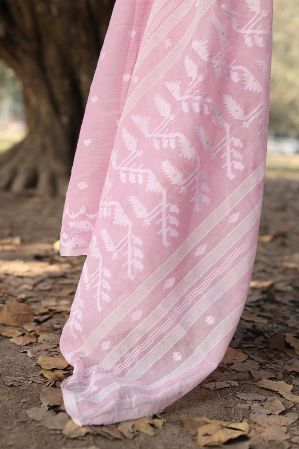 Handloom Baby Pink Pure Cotton Jamdani Saree with White Woven Border