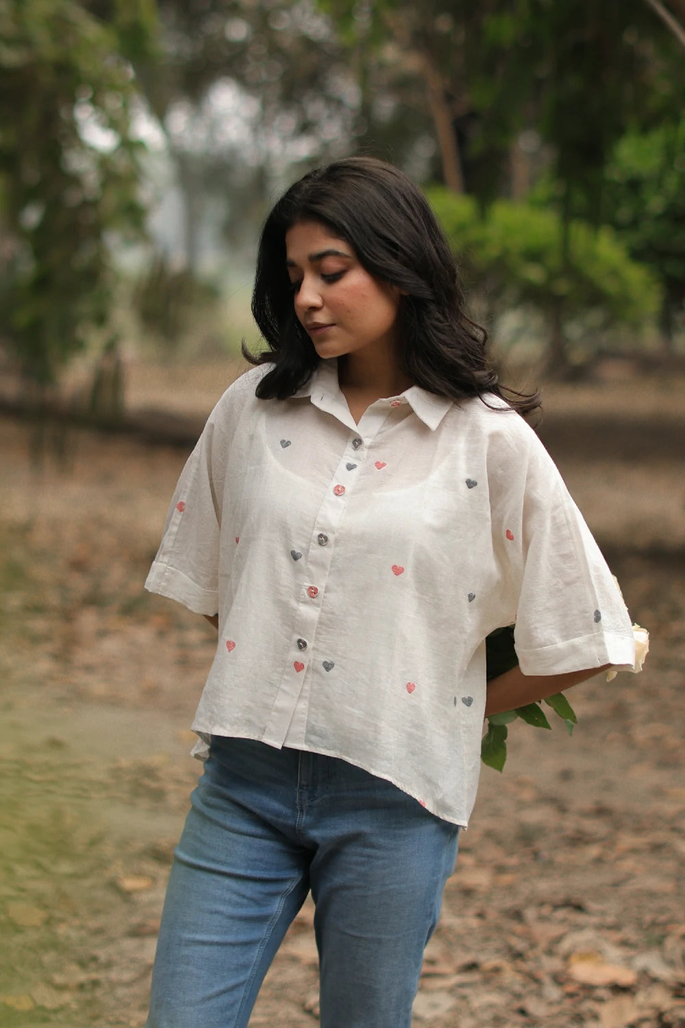 Handloom Red Heart Woven White Shirt