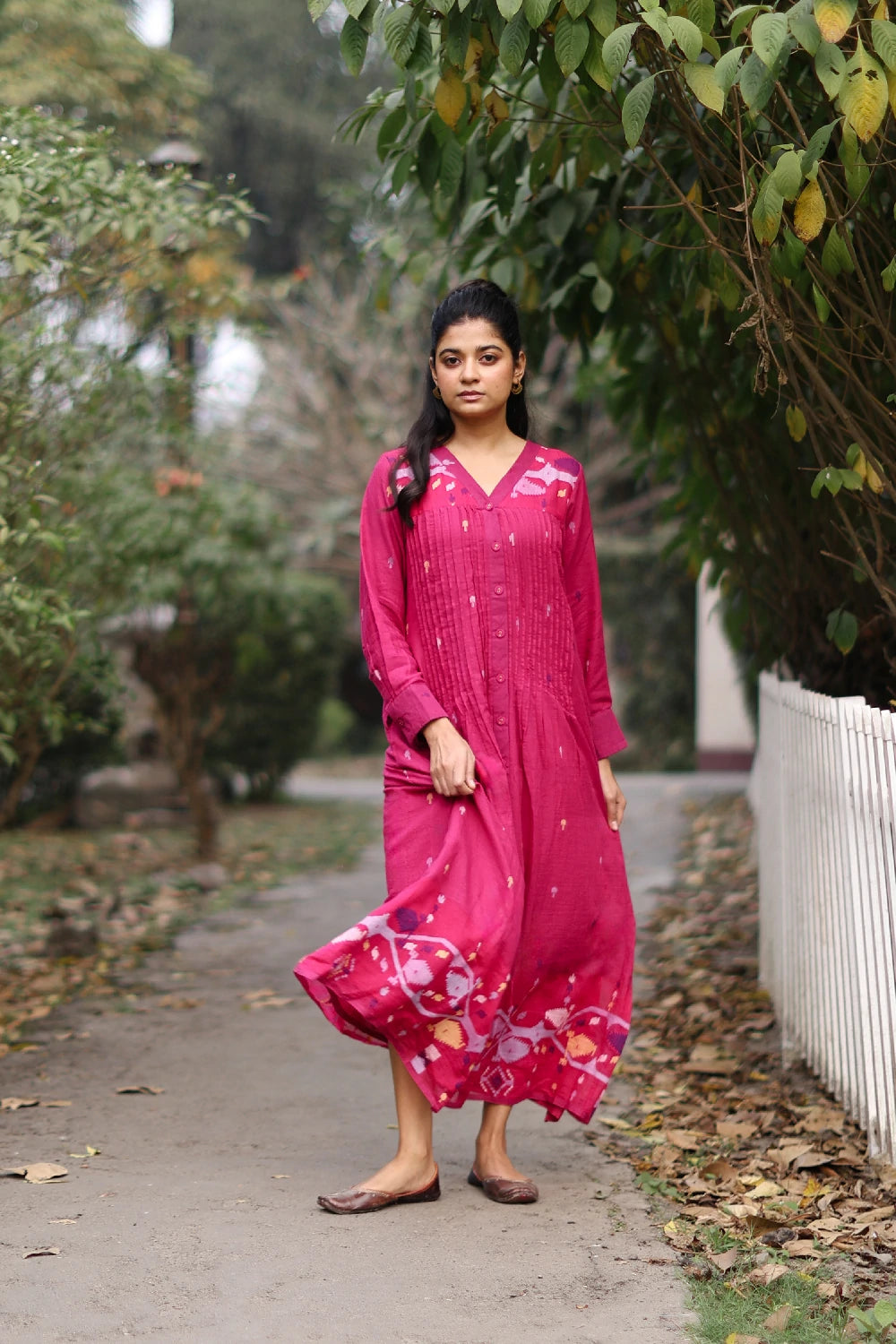 Fuchsia Pink Jamdani Cotton Dress with Silk Woven Border