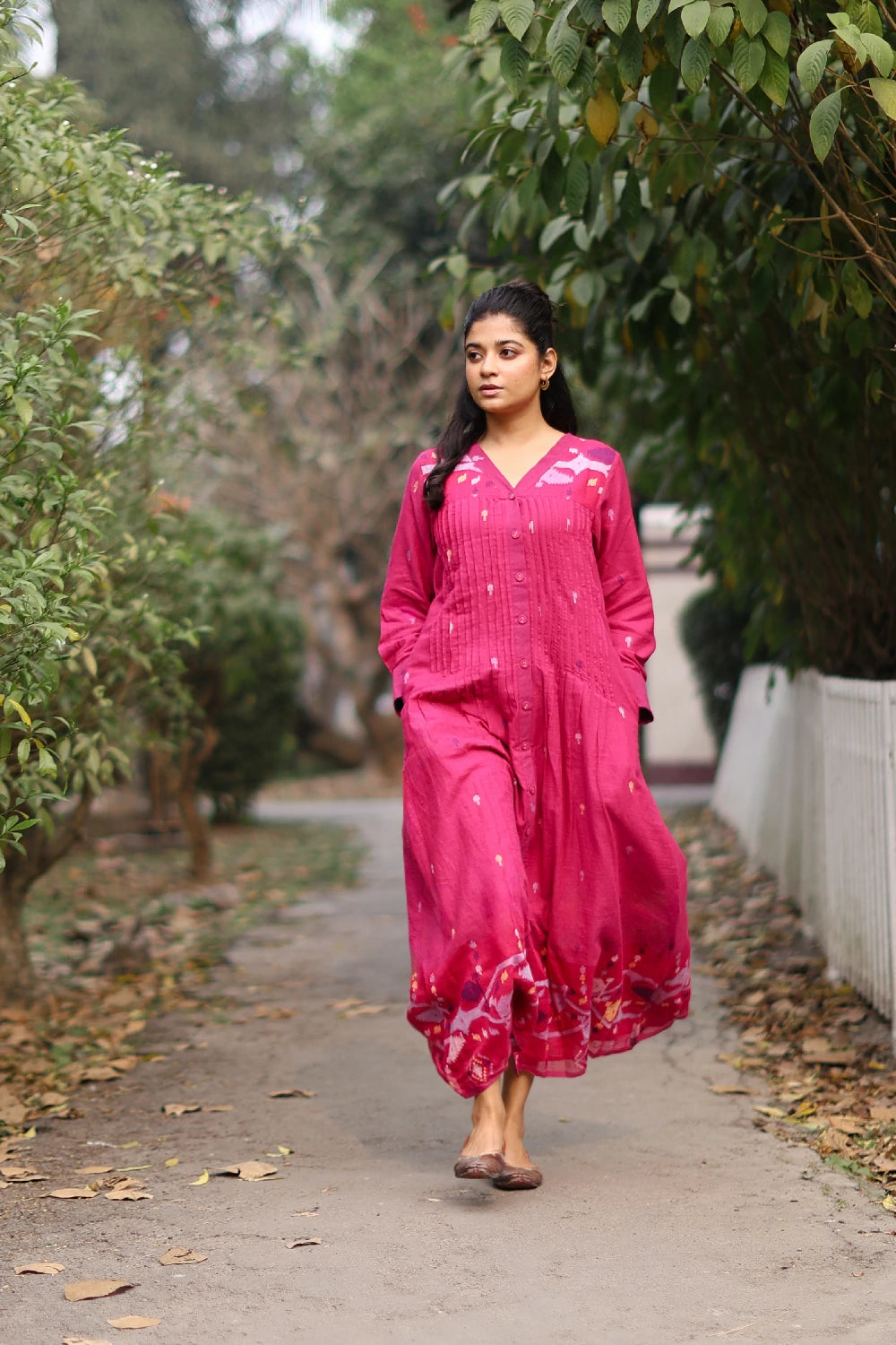 Fuchsia Pink Jamdani Cotton Dress with Silk Woven Border