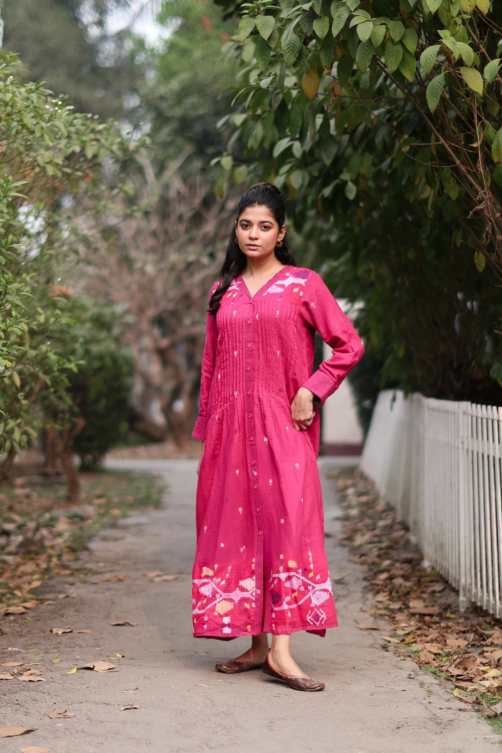 Fuchsia Pink Jamdani Cotton Dress with Silk Woven Border