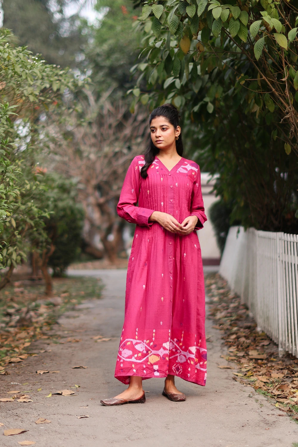 Fuchsia Pink Jamdani Cotton Dress with Silk Woven Border