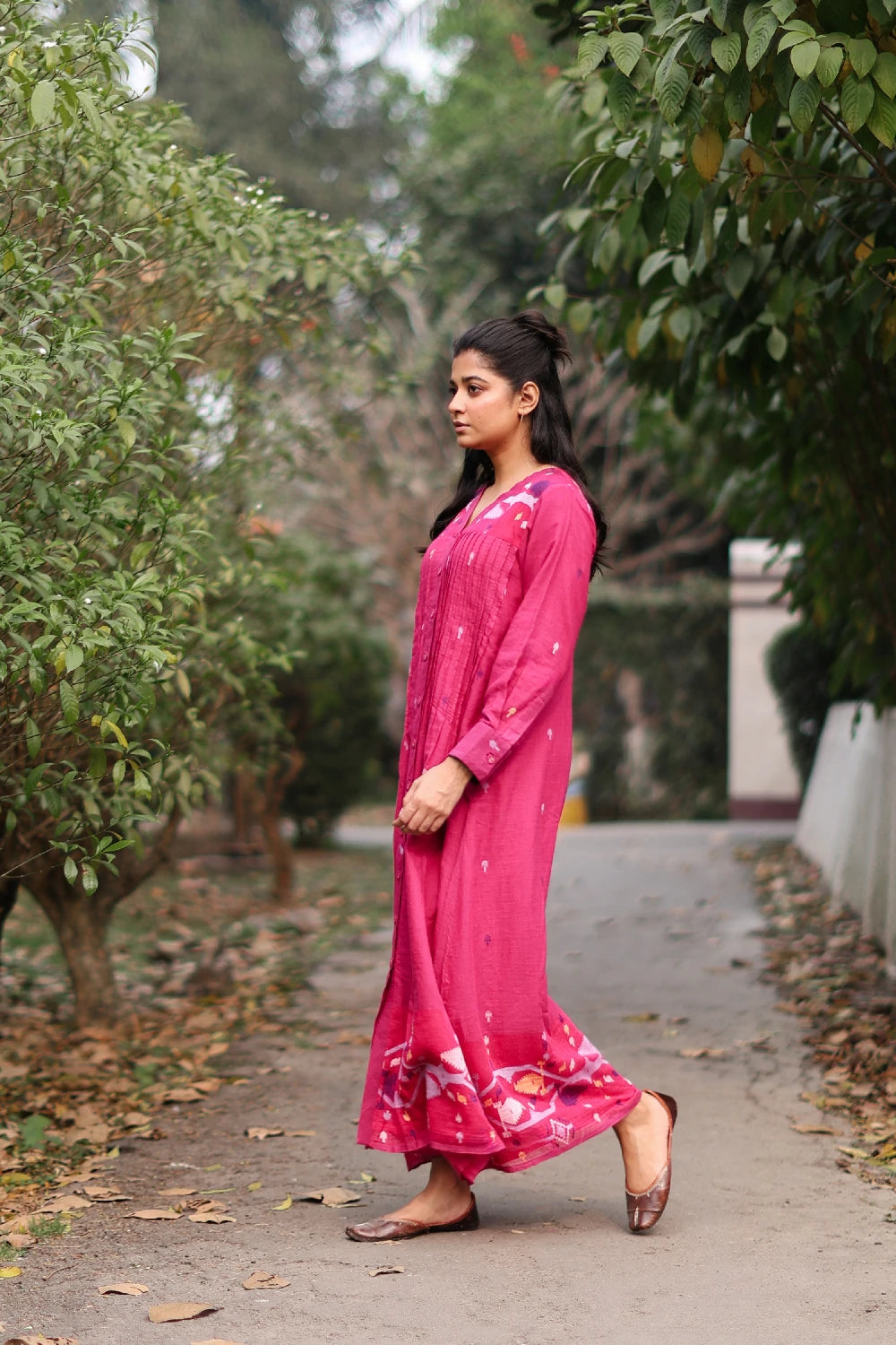 Fuchsia Pink Jamdani Cotton Dress with Silk Woven Border