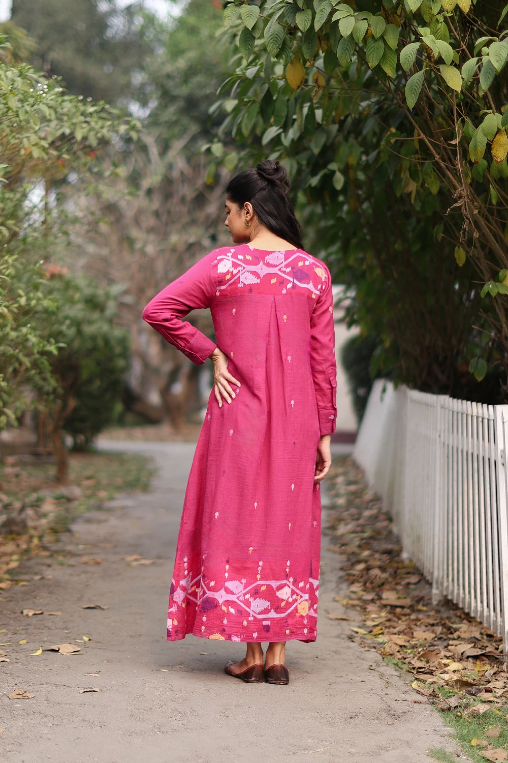 Fuchsia Pink Jamdani Cotton Dress with Silk Woven Border