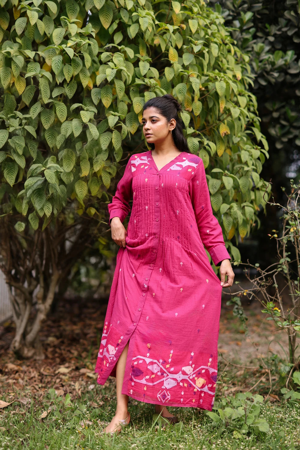 Fuchsia Pink Jamdani Cotton Dress with Silk Woven Border