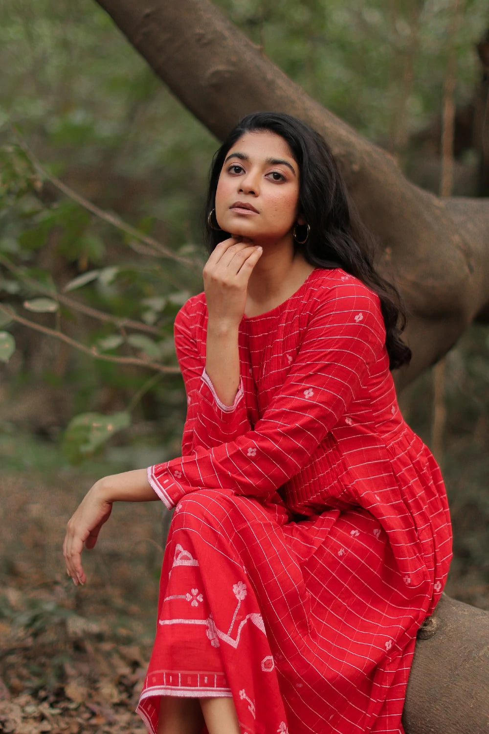 Scarlet Red Cotton Jamdani Dress