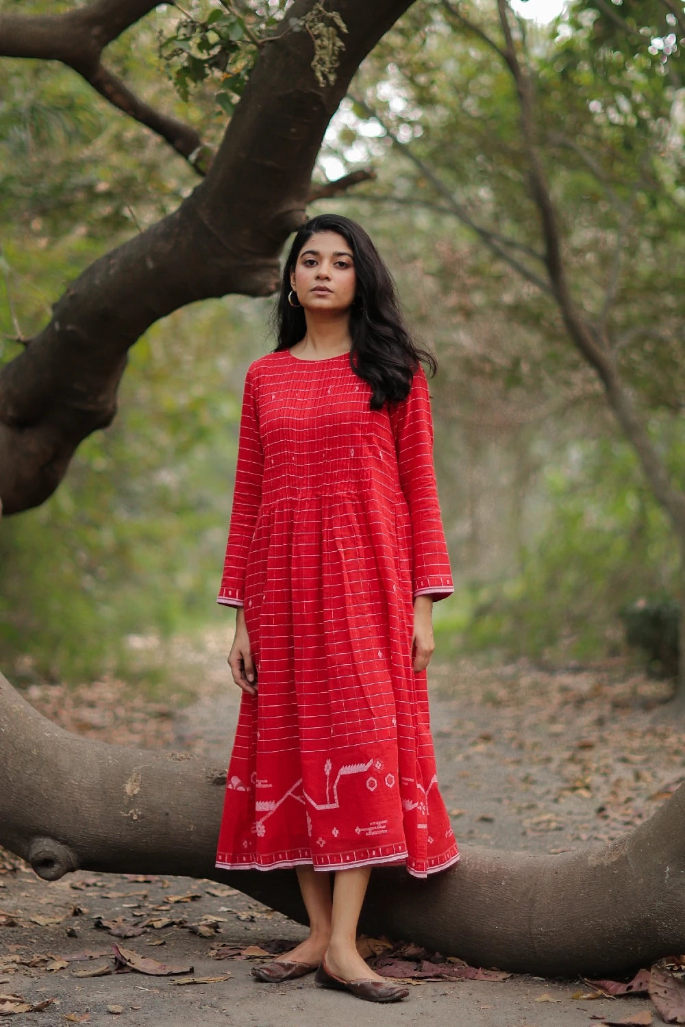 Scarlet Red Cotton Jamdani Dress