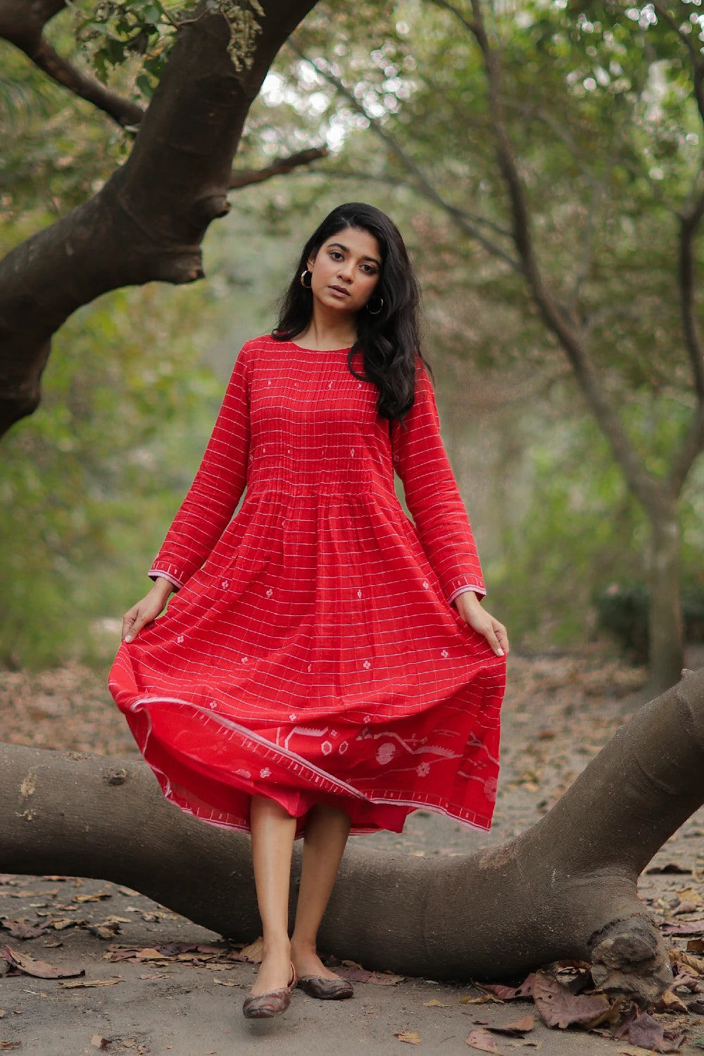 Scarlet Red Cotton Jamdani Dress