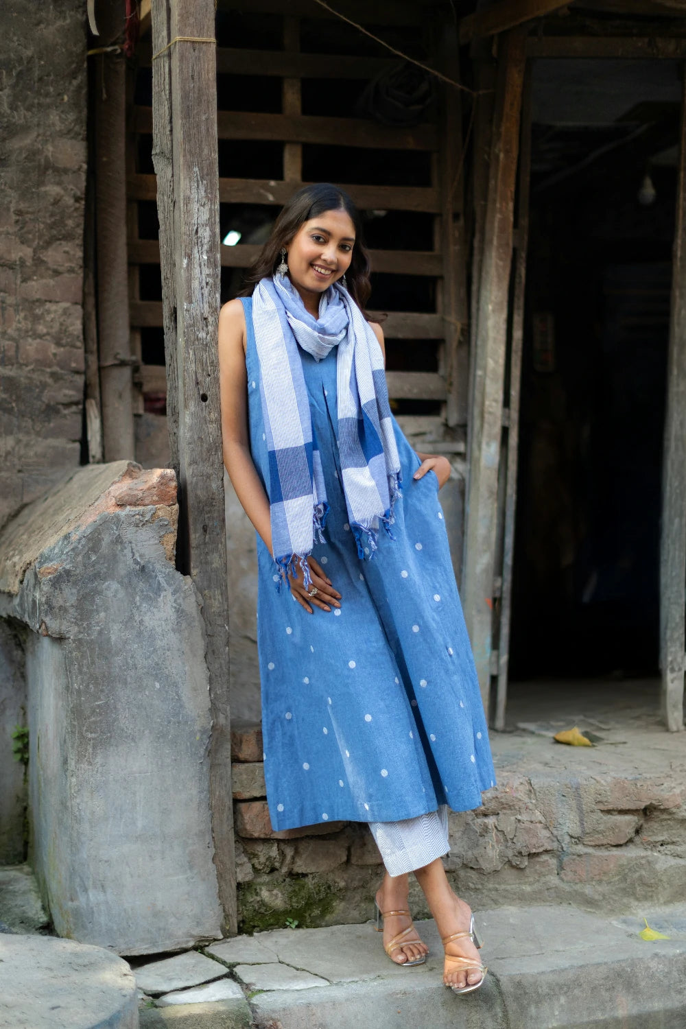 Sky Blue and White Woven Suit Set with Subtle Buti & Stripes Dupatta