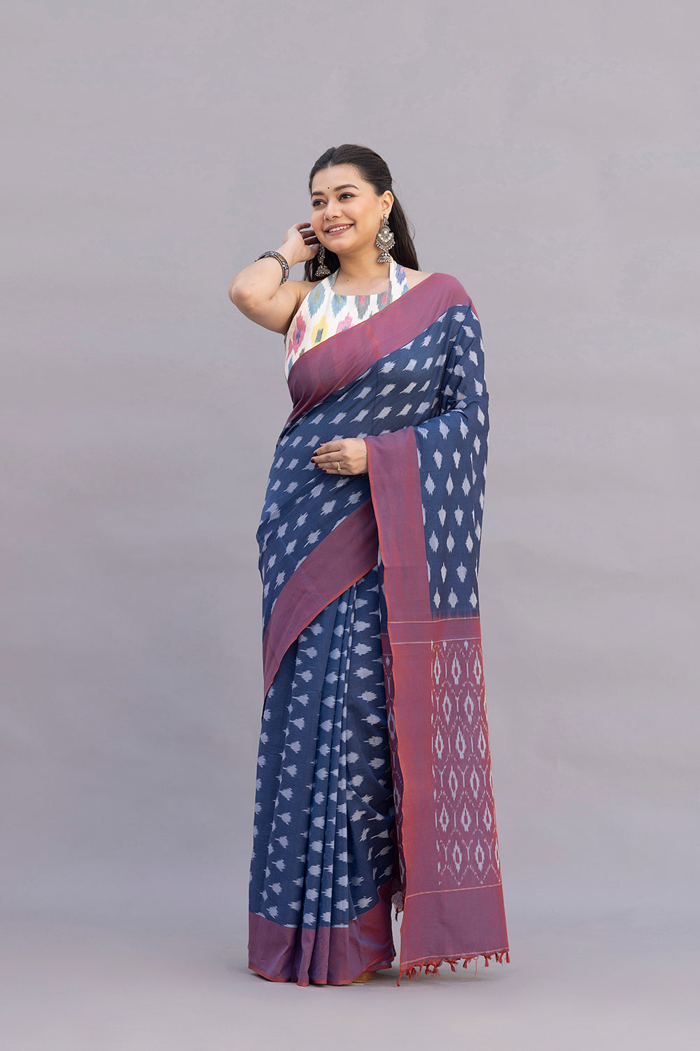 Handloom Blue Cotton Silk Ikkat Woven Saree