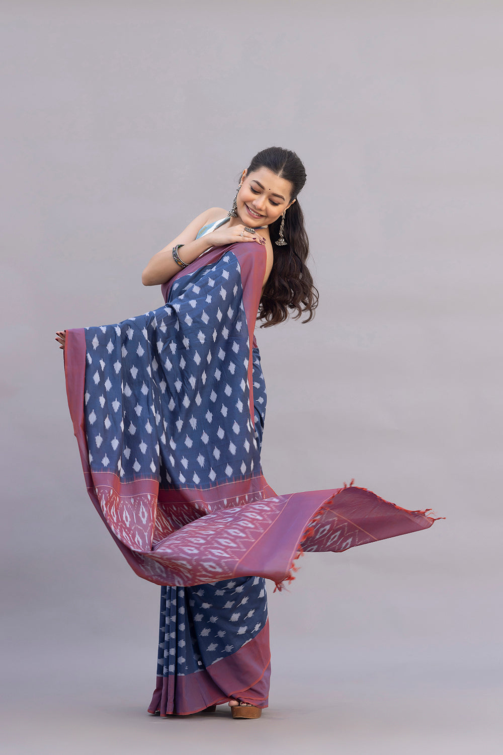 Handloom Blue Cotton Silk Ikkat Woven Saree