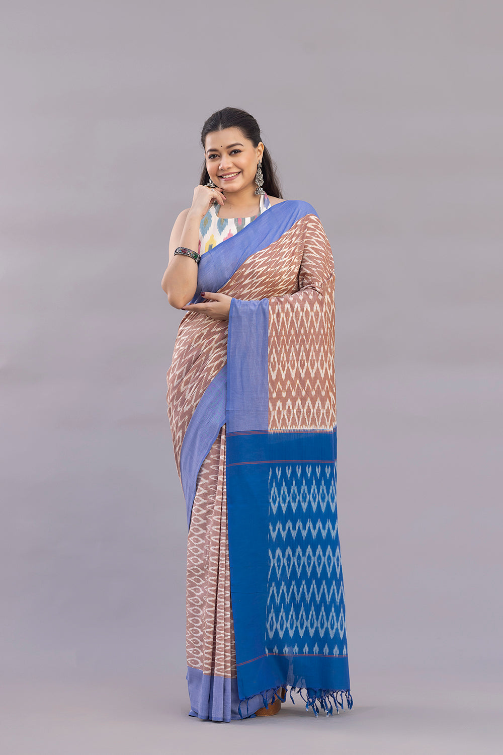 Handloom Beige Ikkat Cotton SIlk Saree