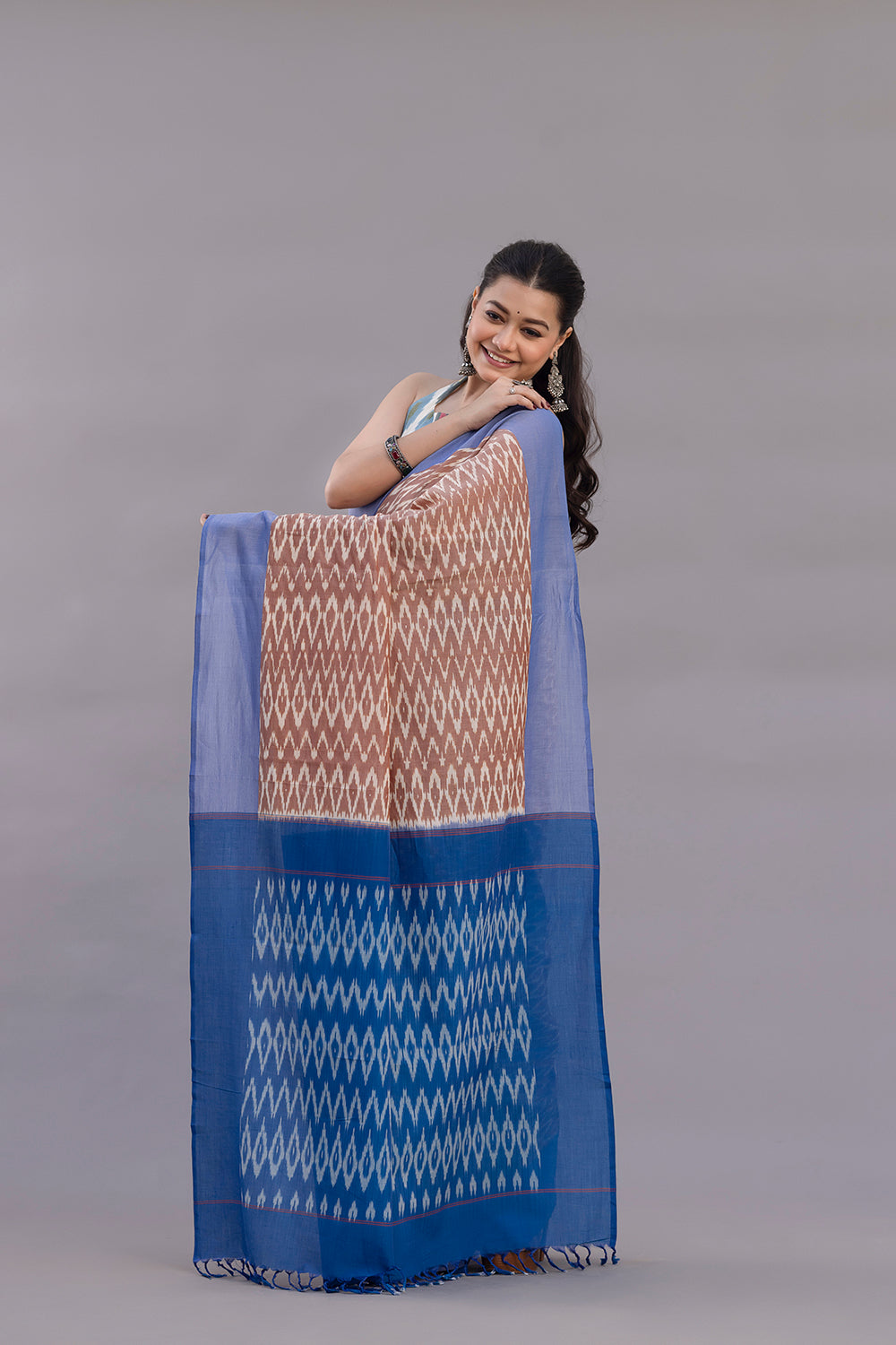 Handloom Beige Ikkat Cotton SIlk Saree