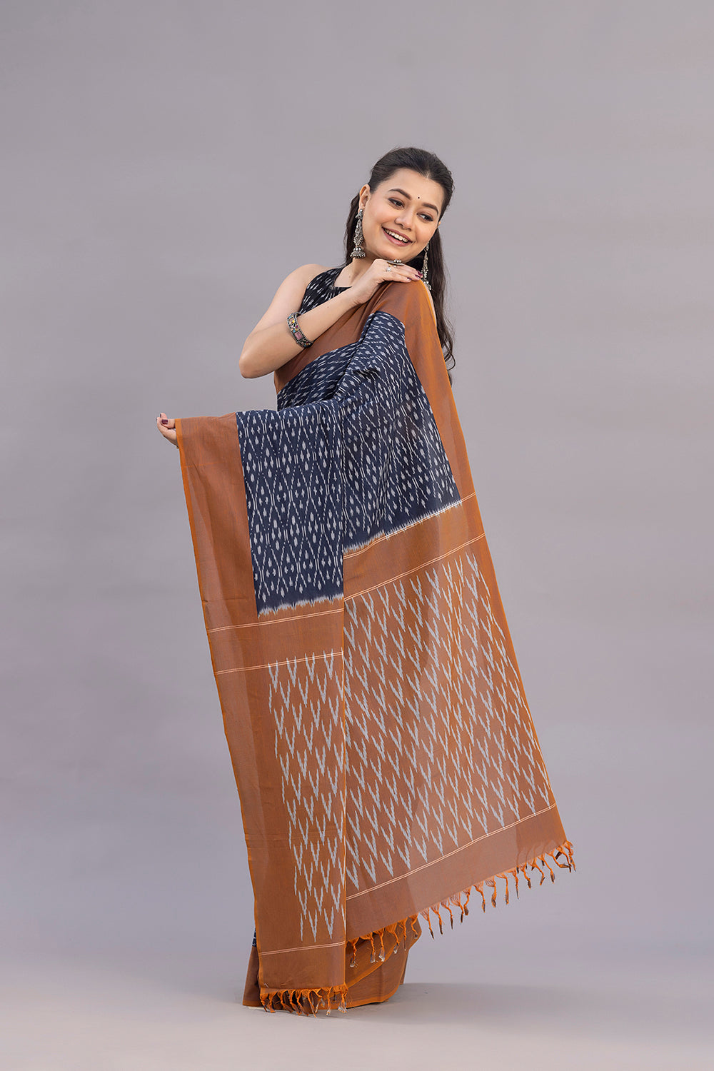 Handloom Navy Blue Cotton Silk Ikkat Woven Saree