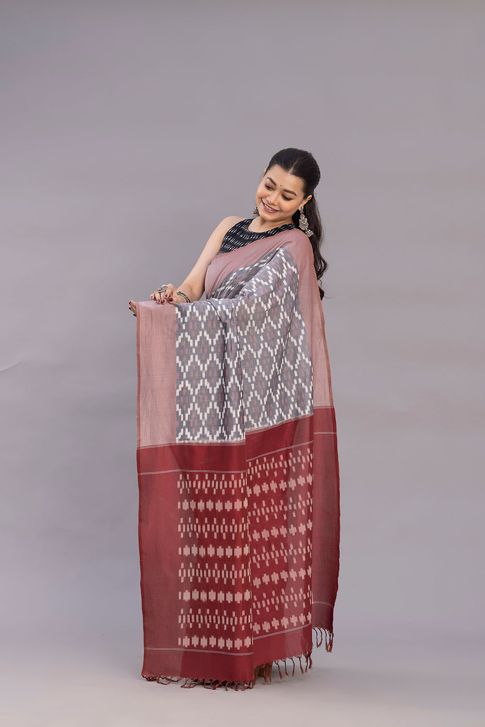 Handloom Grey Ikkat Cotton SIlk Saree