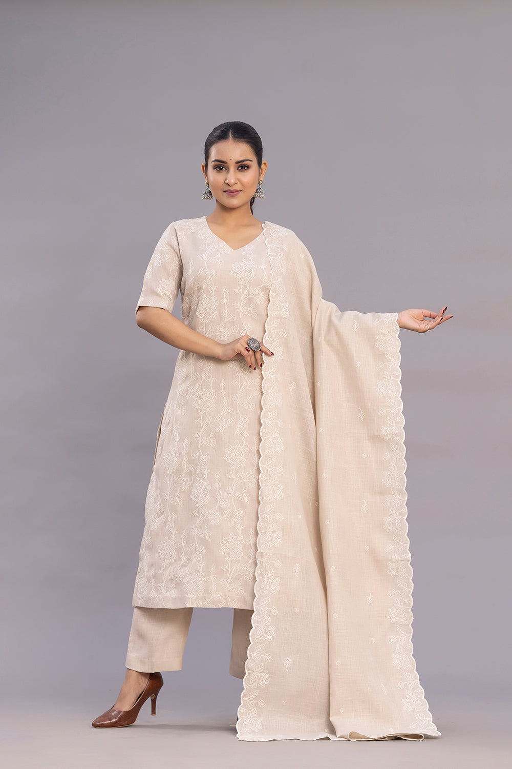 Beige Linen Emnbriodered Kurta Set With Dupatta