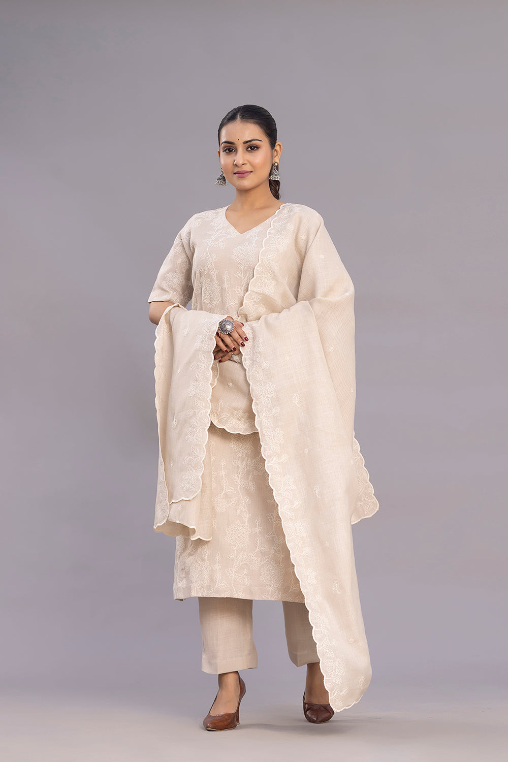 Beige Linen Emnbriodered Kurta Set With Dupatta