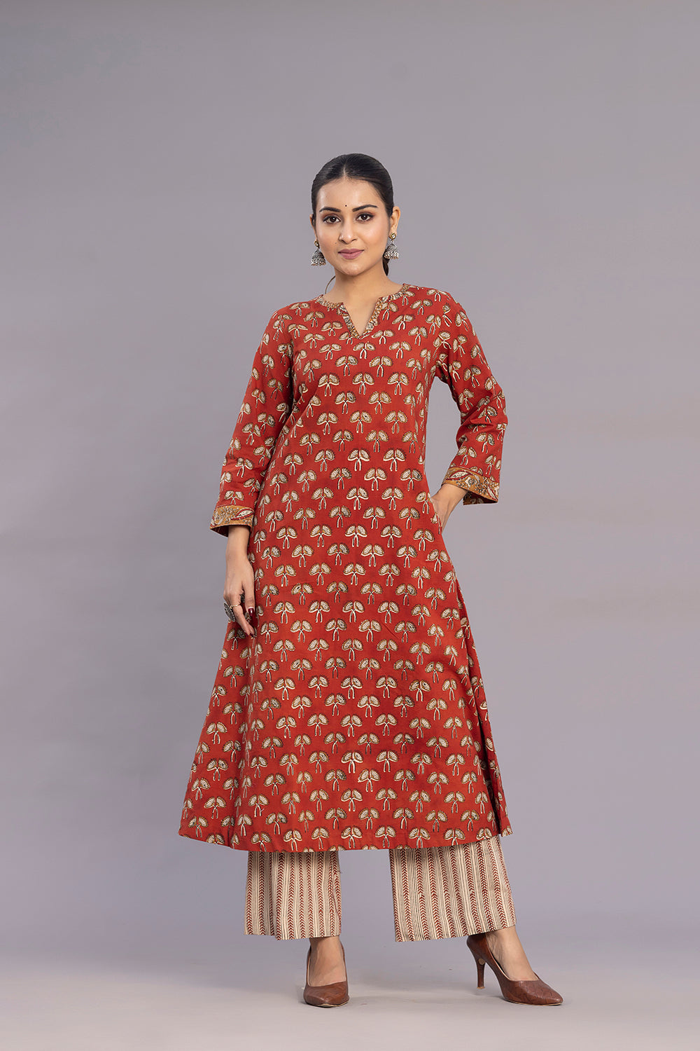 Maroon Hand Block Print Kurta Set With Dupatta