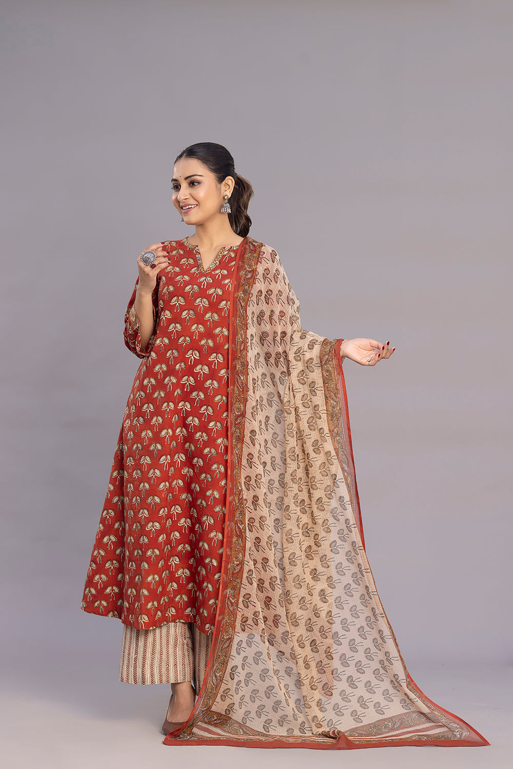 Maroon Hand Block Print Kurta Set With Dupatta