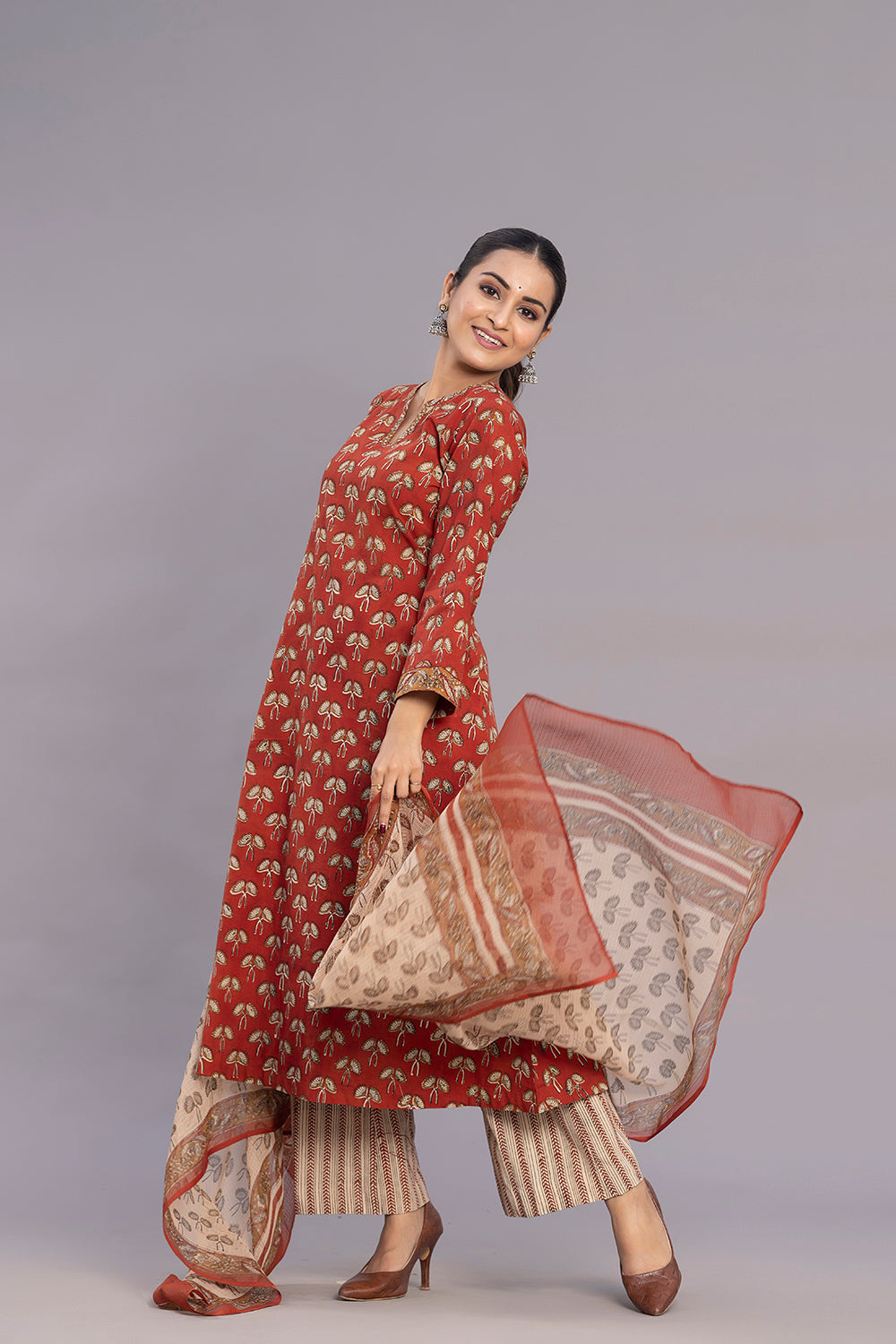 Maroon Hand Block Print Kurta Set With Dupatta