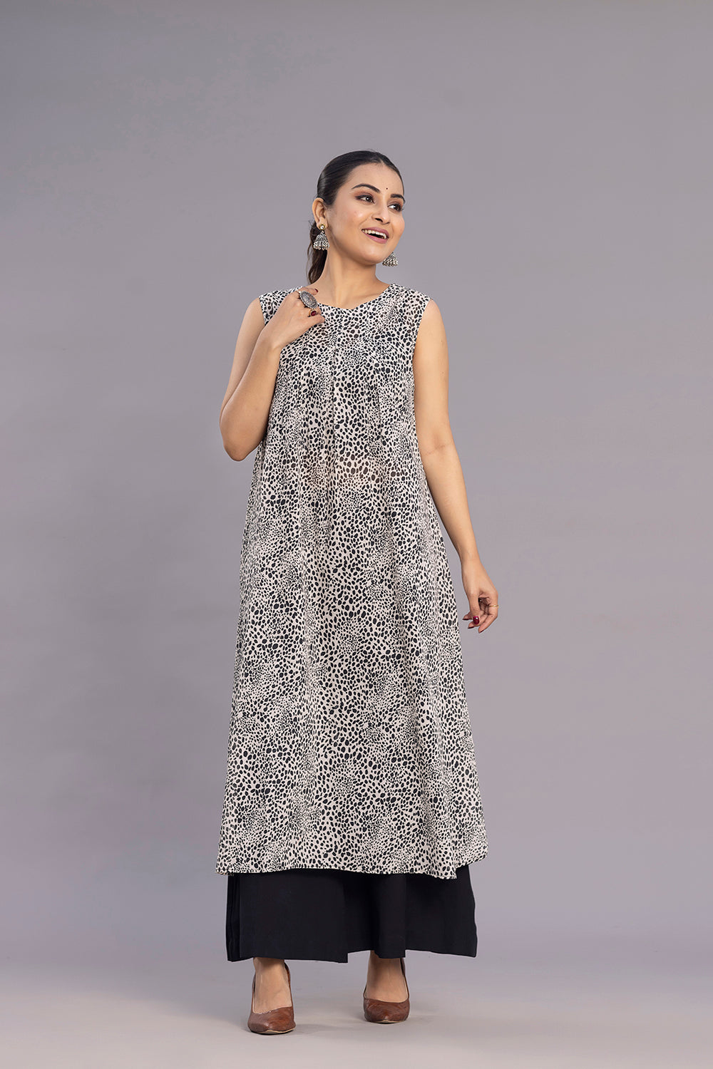 Grey and Black Abstract Print A-Line Co-ord set
