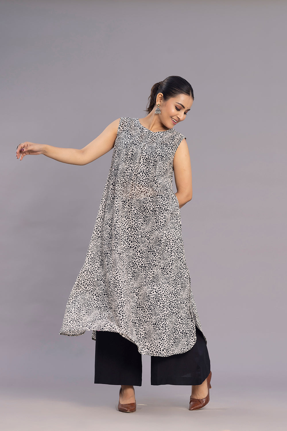 Grey and Black Abstract Print A-Line Co-ord set