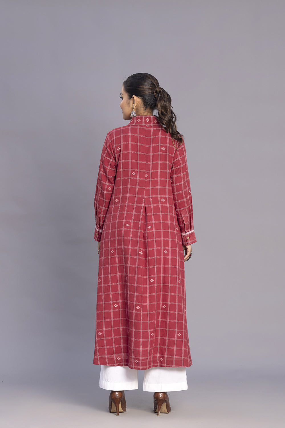 Brick Red Handwoven Checks Jamdani Cotton Kurta Set With Dupatta