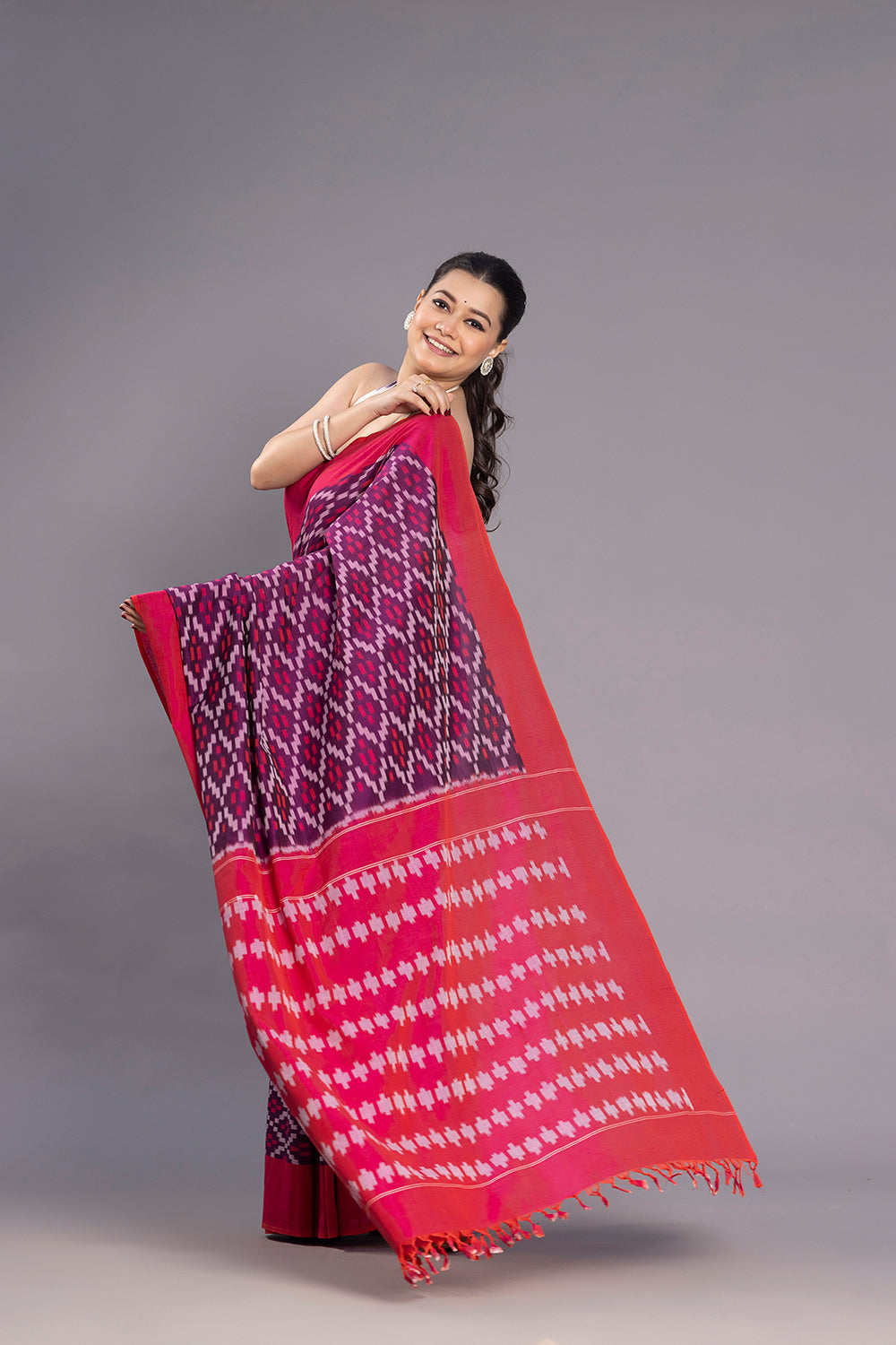 Handloom Burgundy Cotton Silk Ikkat Woven Saree