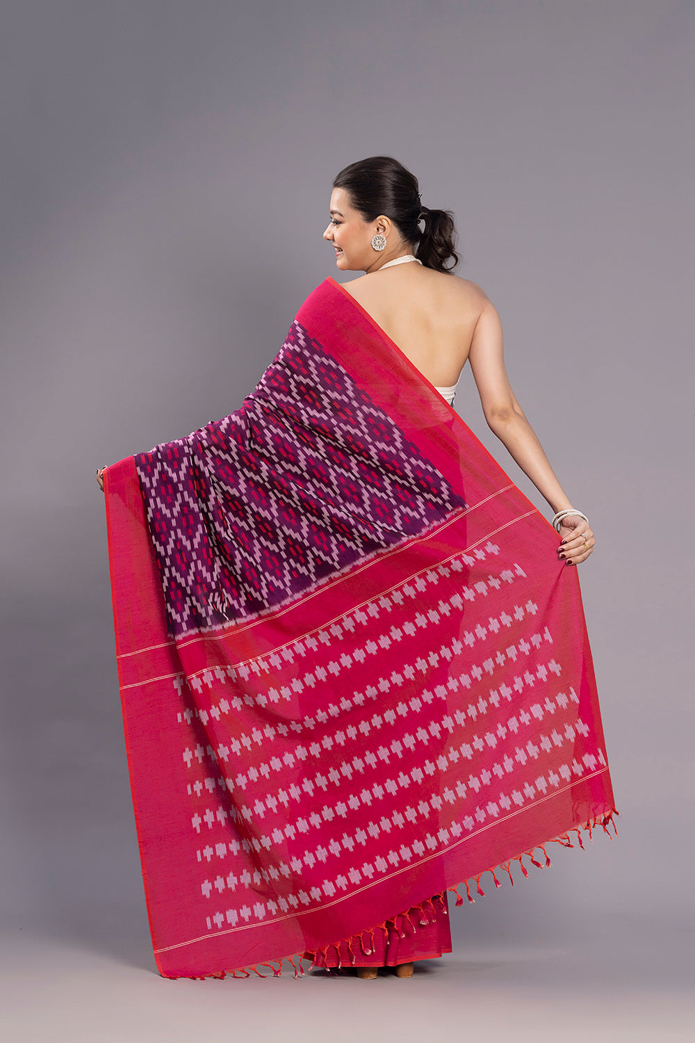 Handloom Burgundy Cotton Silk Ikkat Woven Saree