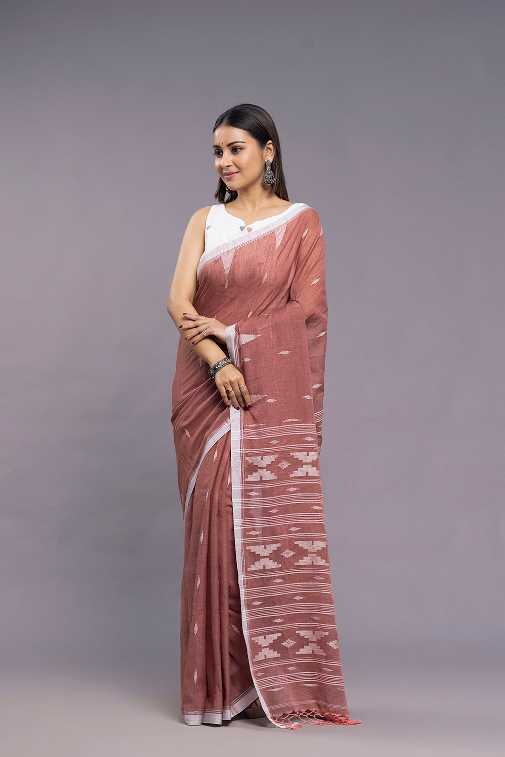Handloom Coral Pink Soft Cotton Jamdani Saree