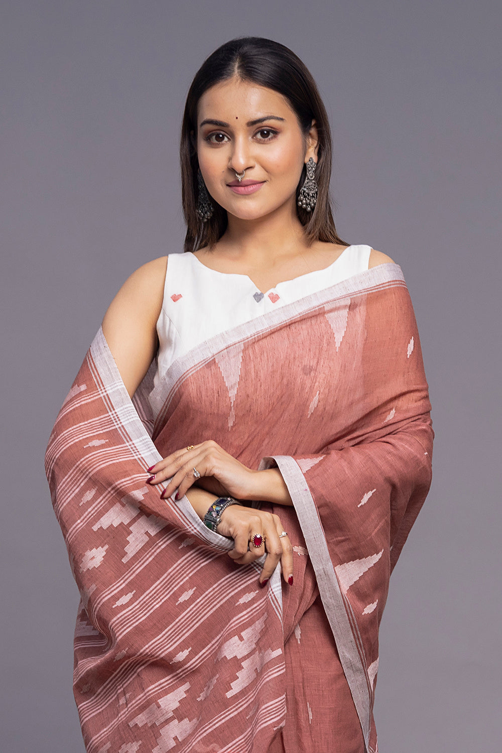 Handloom Coral Pink Soft Cotton Jamdani Saree