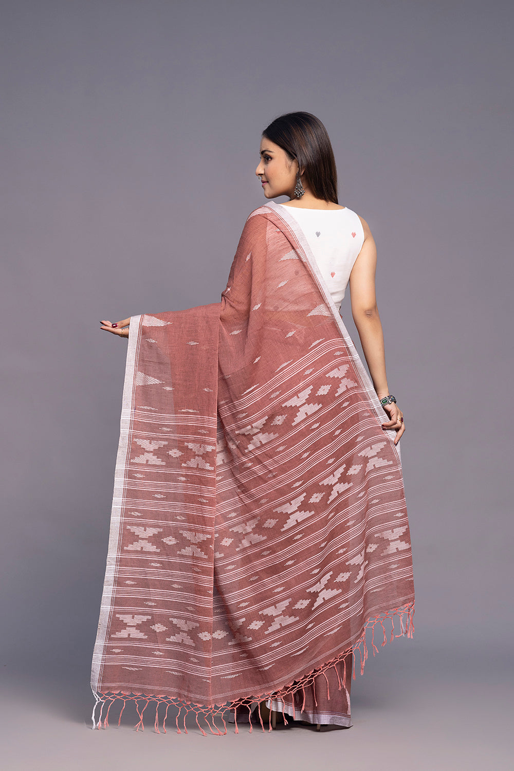 Handloom Coral Pink Soft Cotton Jamdani Saree